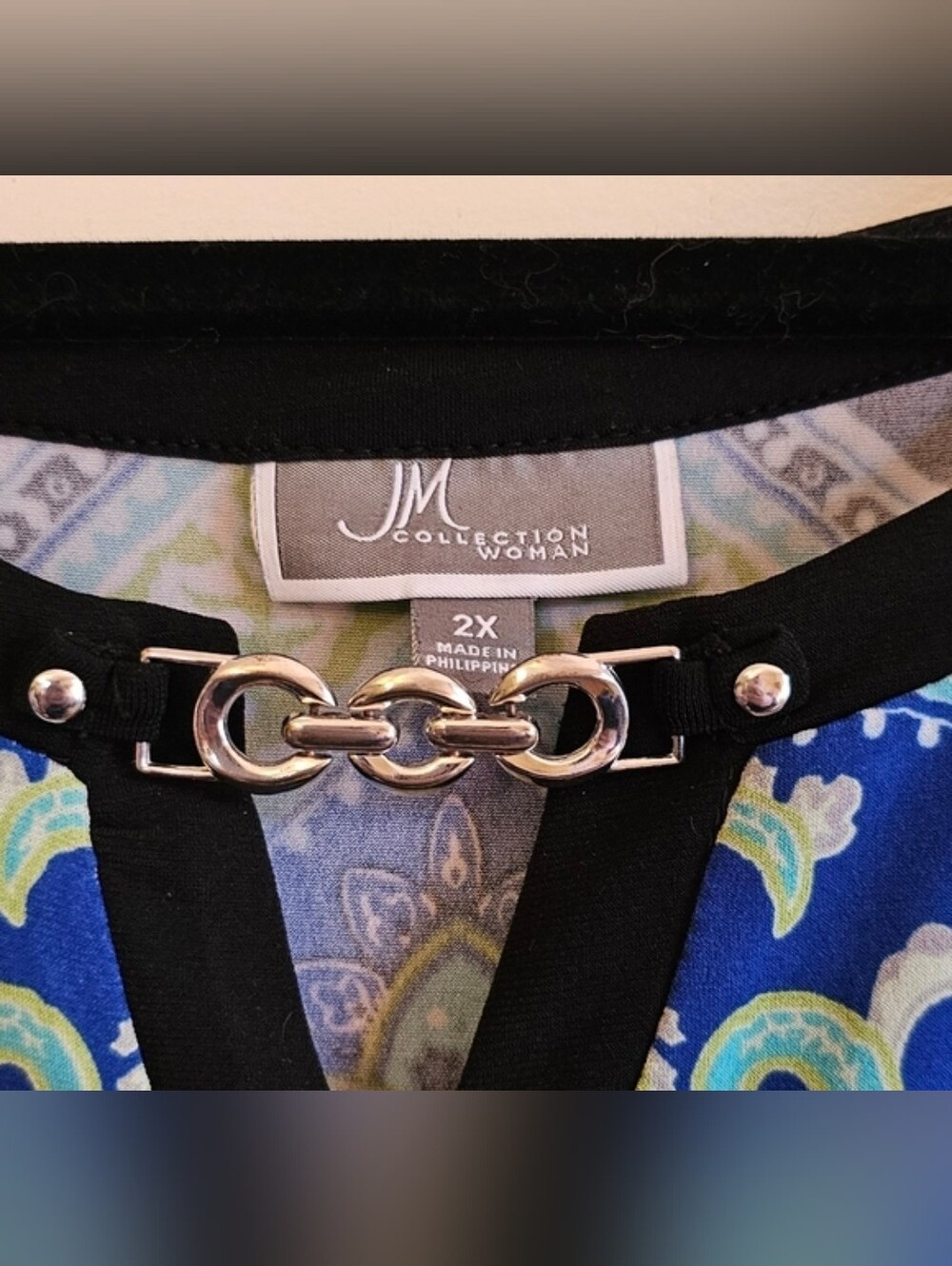 JM Collection Blue and Black Paisley Keyhole Tunic